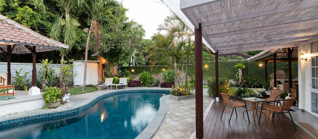 Wellness retreat for mental health in Bali feature outdoor terrace and swimming pool in a private villa