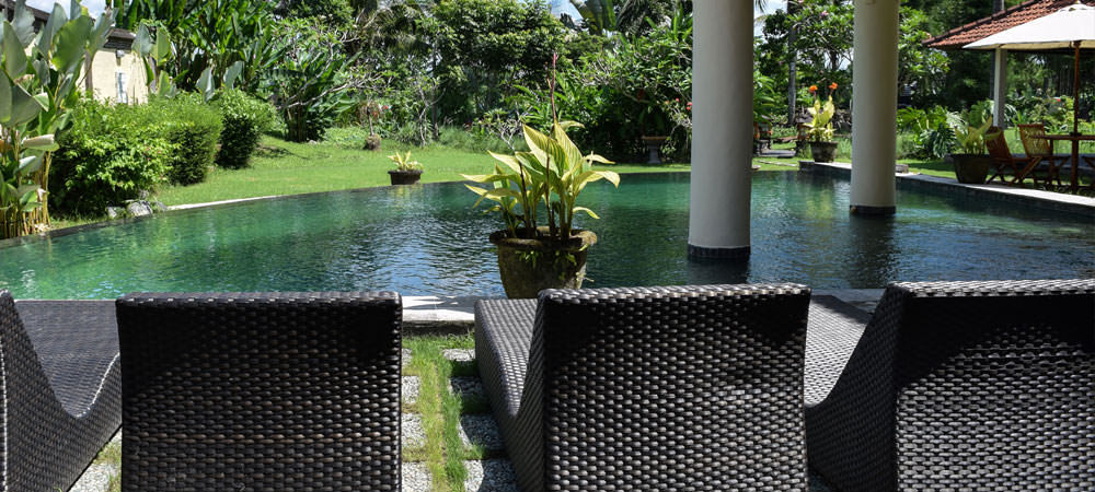 Tropical garden with pool and sun beds at Bali rehab clinic